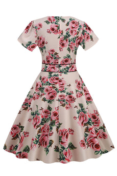 Roze V-hals bloem print swing vintage jurk