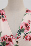 Roze V-hals bloem print swing vintage jurk