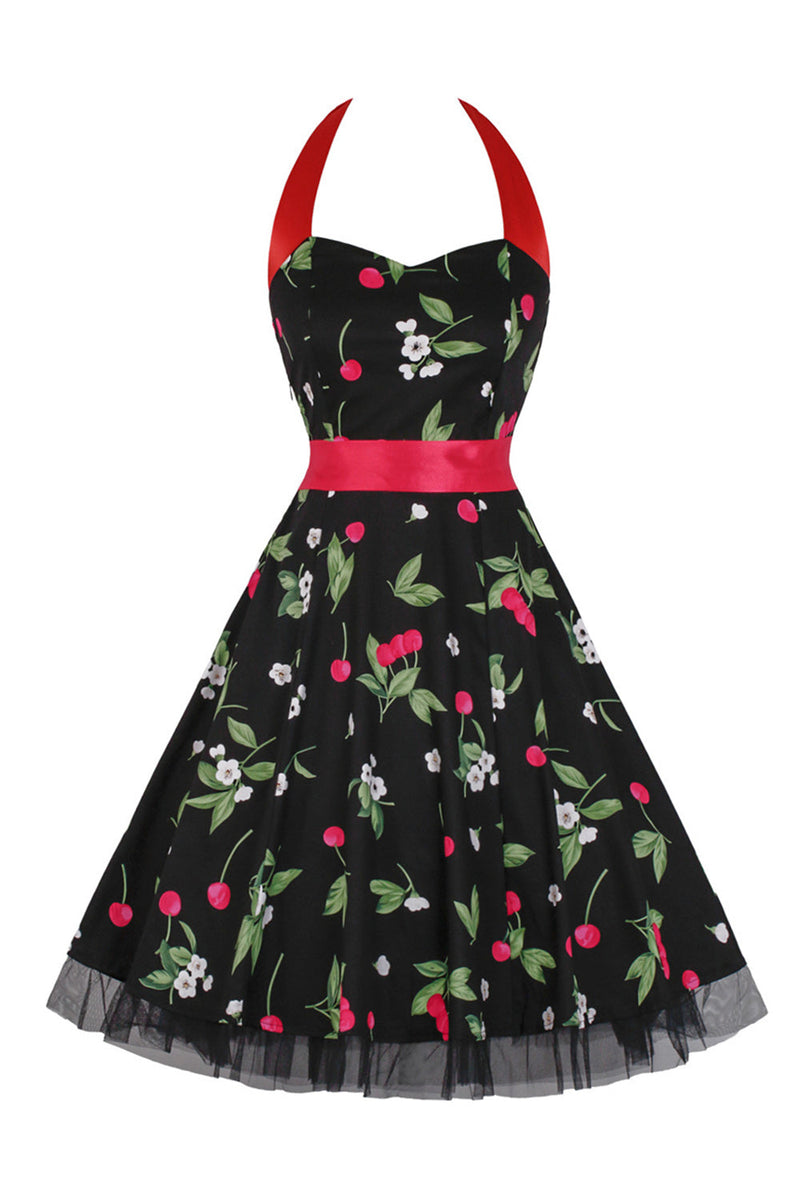Afbeelding in Gallery-weergave laden, Hepburn Style Halter Tule Zwart Bedrukte jaren 1950 Jurk