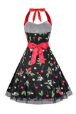 Hepburn Style Halter Tule Zwart Bedrukte jaren 1950 Jurk