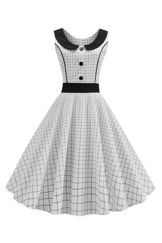 Witte mouwloze geruite jaren 1950 jurk met knoop