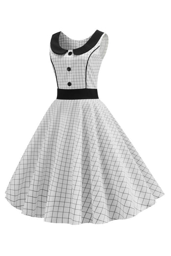 Witte mouwloze geruite jaren 1950 jurk met knoop