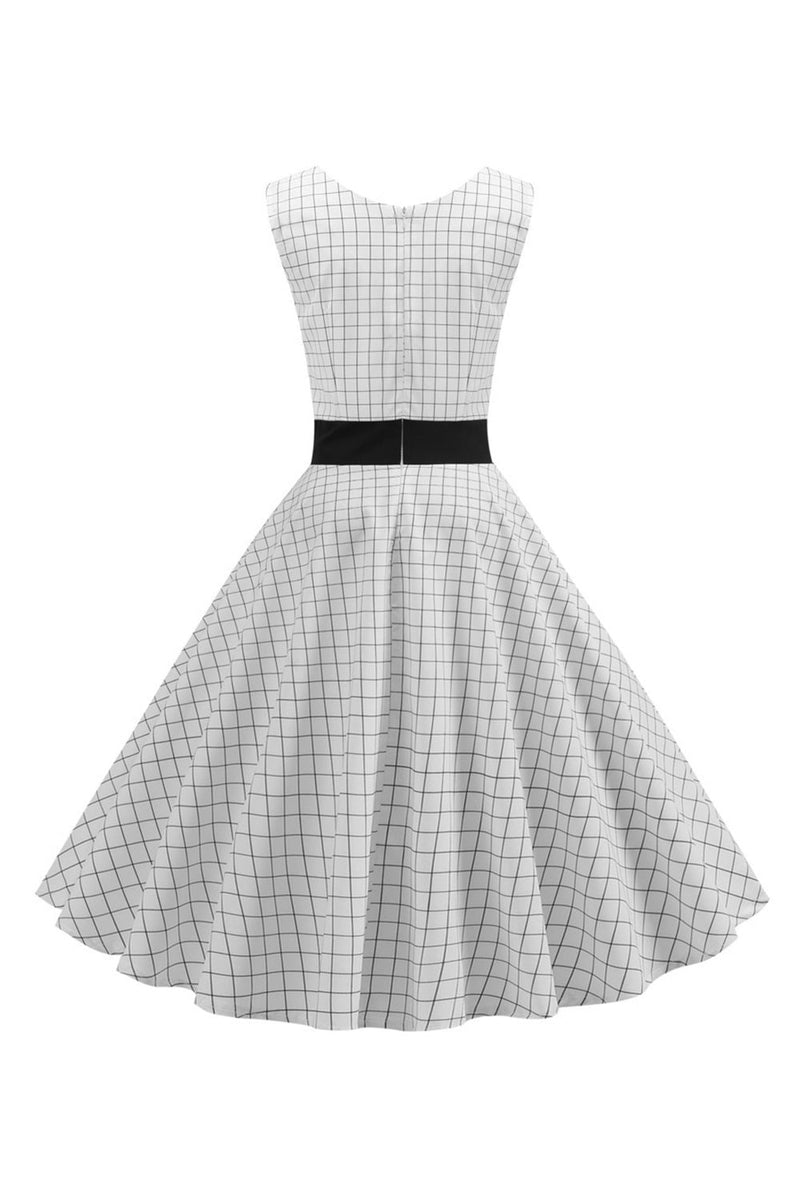 Afbeelding in Gallery-weergave laden, Witte mouwloze geruite jaren 1950 jurk met knoop