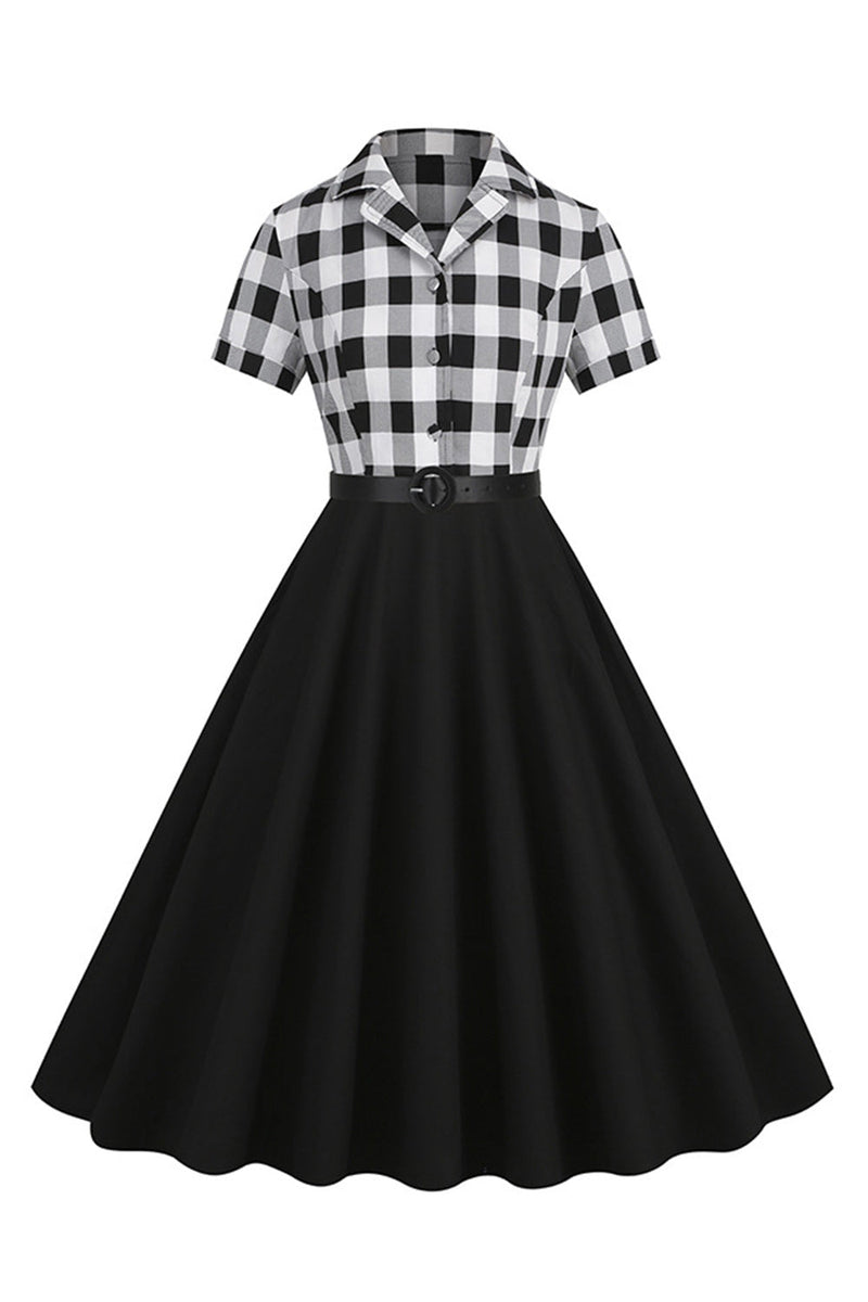 Afbeelding in Gallery-weergave laden, V-hals korte mouwen geruit zwart jaren 1950 jurk met riem