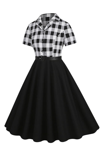 V-hals korte mouwen geruit zwart jaren 1950 jurk met riem