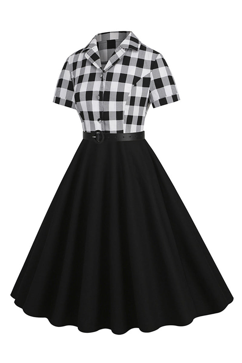 Afbeelding in Gallery-weergave laden, V-hals korte mouwen geruit zwart jaren 1950 jurk met riem