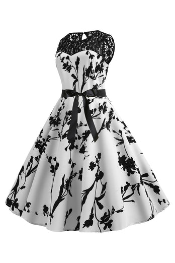 Boothals mouwloos bedrukte witte jaren 1950 jurk met sjerp