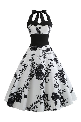 Halter bedrukte witte jaren 1950 jurk met knop