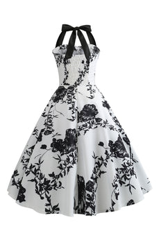 Halter bedrukte witte jaren 1950 jurk met knop