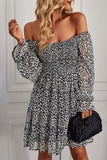 Zwarte Off the Shoulder Bedrukte Zomerjurk met lange mouwen