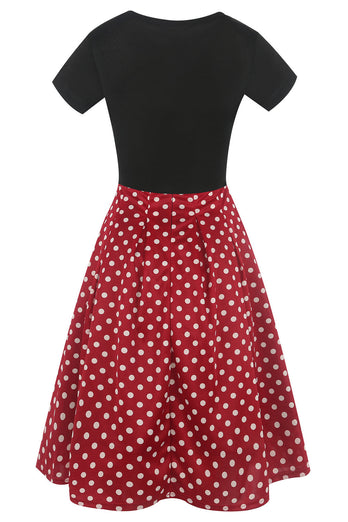 Boothals bedrukte zwarte jaren 1950 jurk met korte mouwen