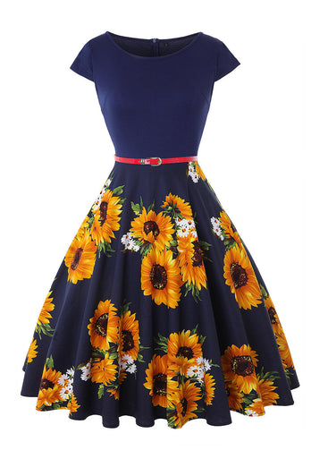Boothals bloem bedrukt zwart jaren 1950 jurk met riem