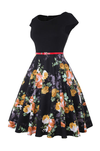 Boothals bloem bedrukt zwart jaren 1950 jurk met riem