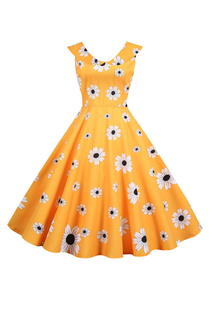 Afbeelding in Gallery-weergave laden, Mouwloze bedrukte gele jurk uit de jaren 1950