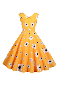Mouwloze bedrukte gele jurk uit de jaren 1950