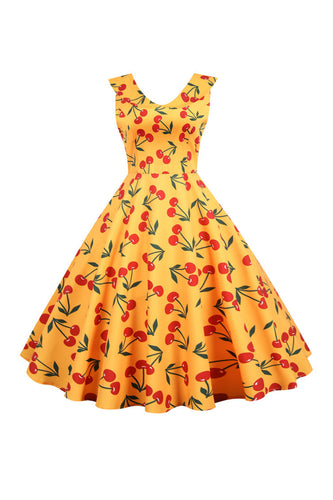 Bedrukte mouwloze gele vintage jurk