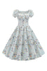 Afbeelding in Gallery-weergave laden, Pofmouwen bedrukt lichtblauw vintage jurk