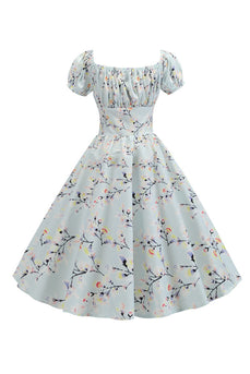Pofmouwen bedrukt lichtblauw vintage jurk