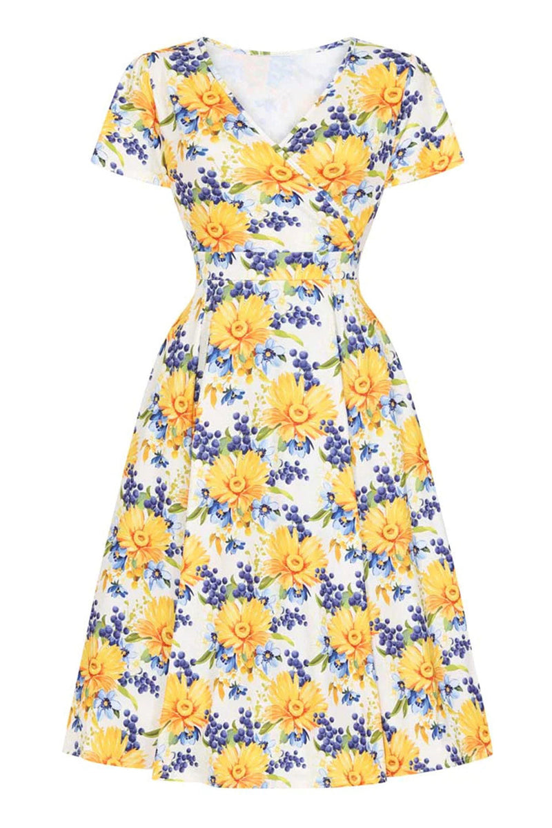 Afbeelding in Gallery-weergave laden, V-hals bedrukte gele vintage jurk met korte mouwen