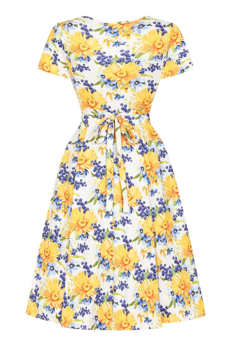 Afbeelding in Gallery-weergave laden, V-hals bedrukte gele vintage jurk met korte mouwen