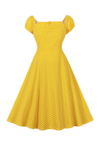 Gele stippen vierkante hals vintage jurk