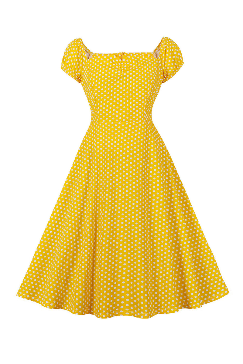 Afbeelding in Gallery-weergave laden, Gele stippen vierkante hals vintage jurk