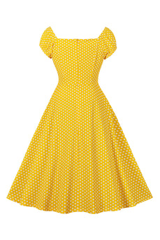 Gele stippen vierkante hals vintage jurk