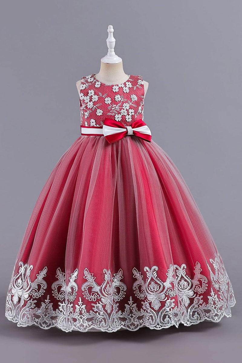 Afbeelding in Gallery-weergave laden, Roze mouwloze ronde hals applique meisjes jurken met bowknot