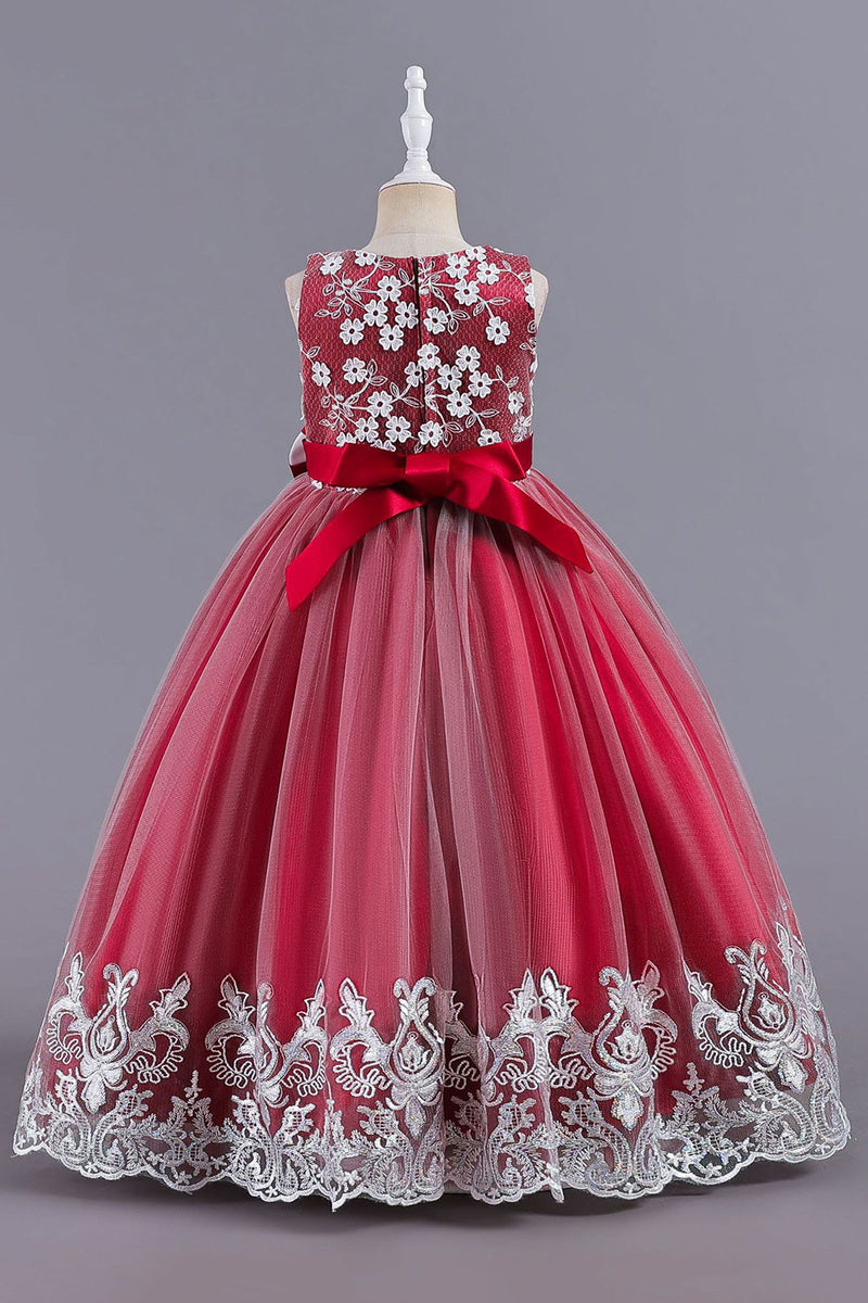Afbeelding in Gallery-weergave laden, Roze mouwloze ronde hals applique meisjes jurken met bowknot