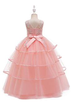 Een lijn roze mouwloze bowknot meisjes jurken met appliques
