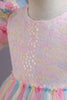 Afbeelding in Gallery-weergave laden, Een lijn tule roze pailletten pofmouwen meisjes jurken met strik