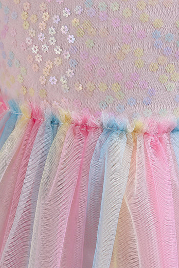 Een lijn tule roze pailletten pofmouwen meisjes jurken met strik