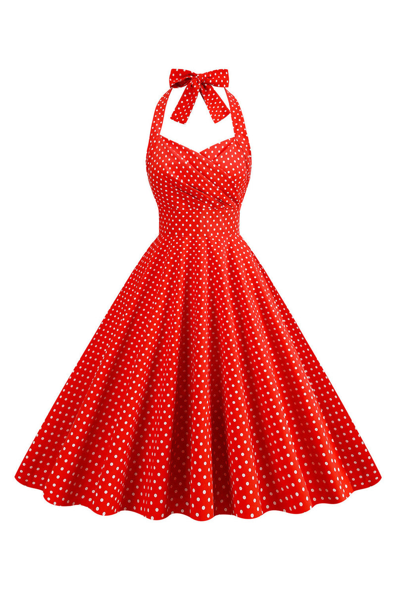 Afbeelding in Gallery-weergave laden, Halter Rode Polka Dots 1950s Jurk