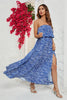 Afbeelding in Gallery-weergave laden, Blauw bedrukte strapless lange zomerjurk met split