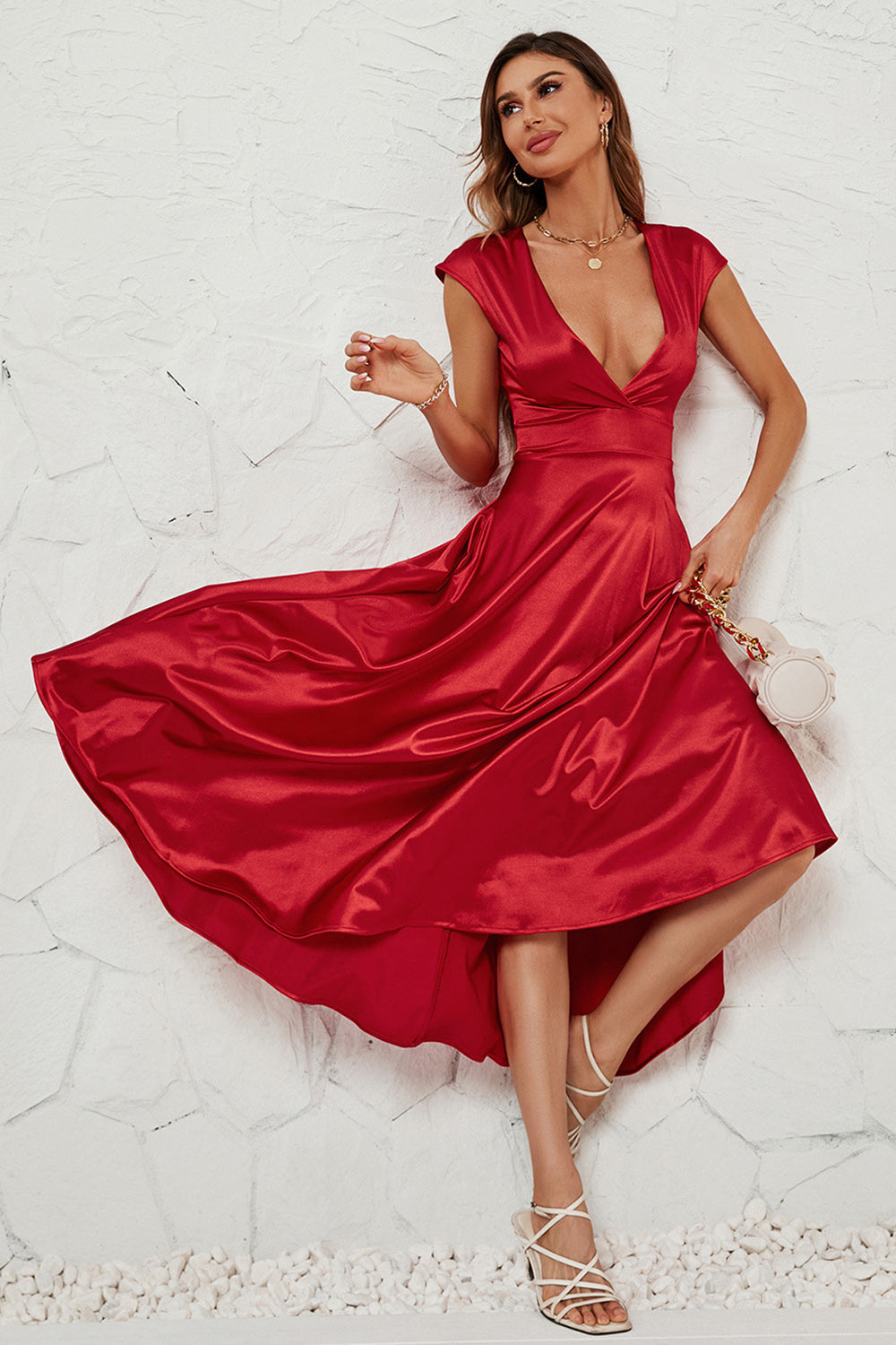 Rode Diepe V-hals Cap Mouwen Party Dress