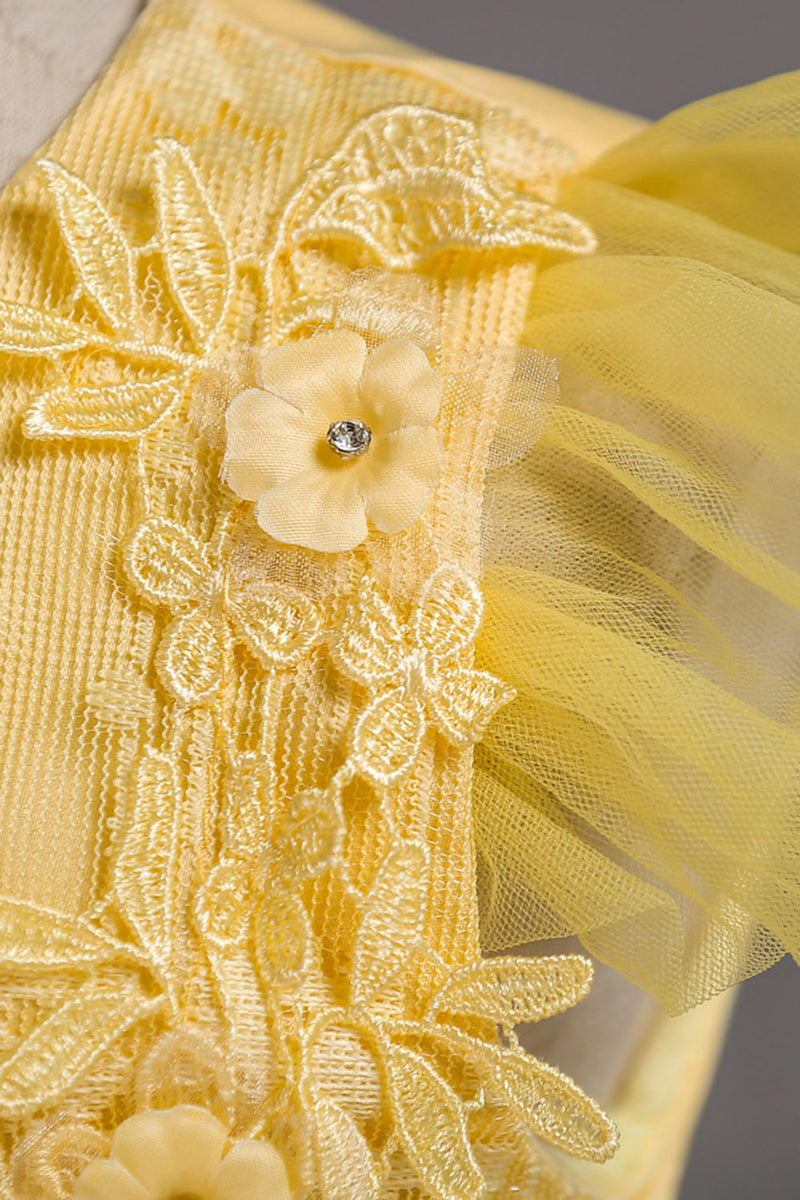 Afbeelding in Gallery-weergave laden, Tule boothals gele meisjes jurken met appliques