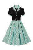 Groene korte mouwen polka dots 1950s jurk met riem