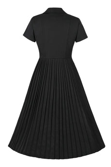 Zwarte V-hals A Line jaren 1950 jurk met korte mouwen