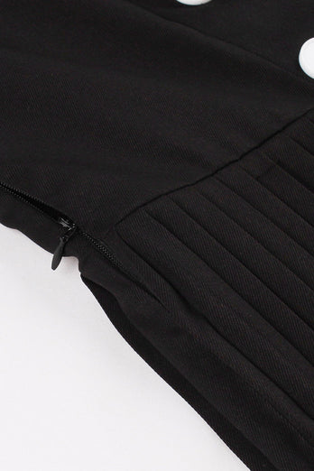 Zwarte V-hals A Line jaren 1950 jurk met korte mouwen