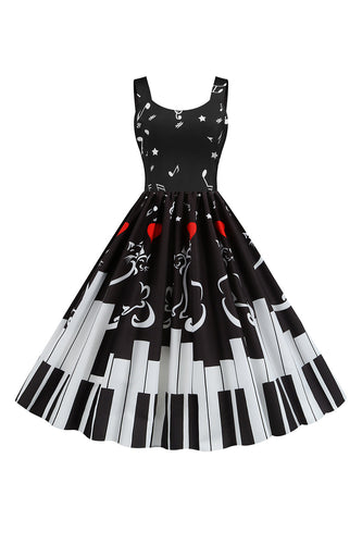 Zwarte mouwloze bedrukte jurk uit de jaren 1950