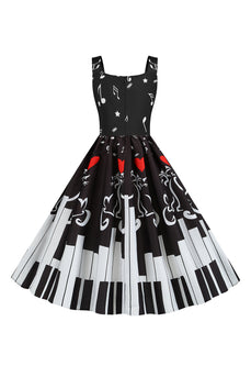 Zwarte mouwloze bedrukte jurk uit de jaren 1950