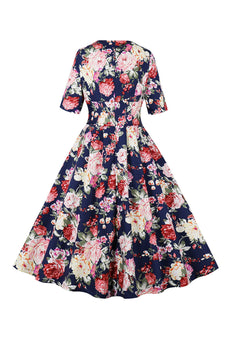 marine bloemenprint swing jaren 1950 jurk met korte mouwen