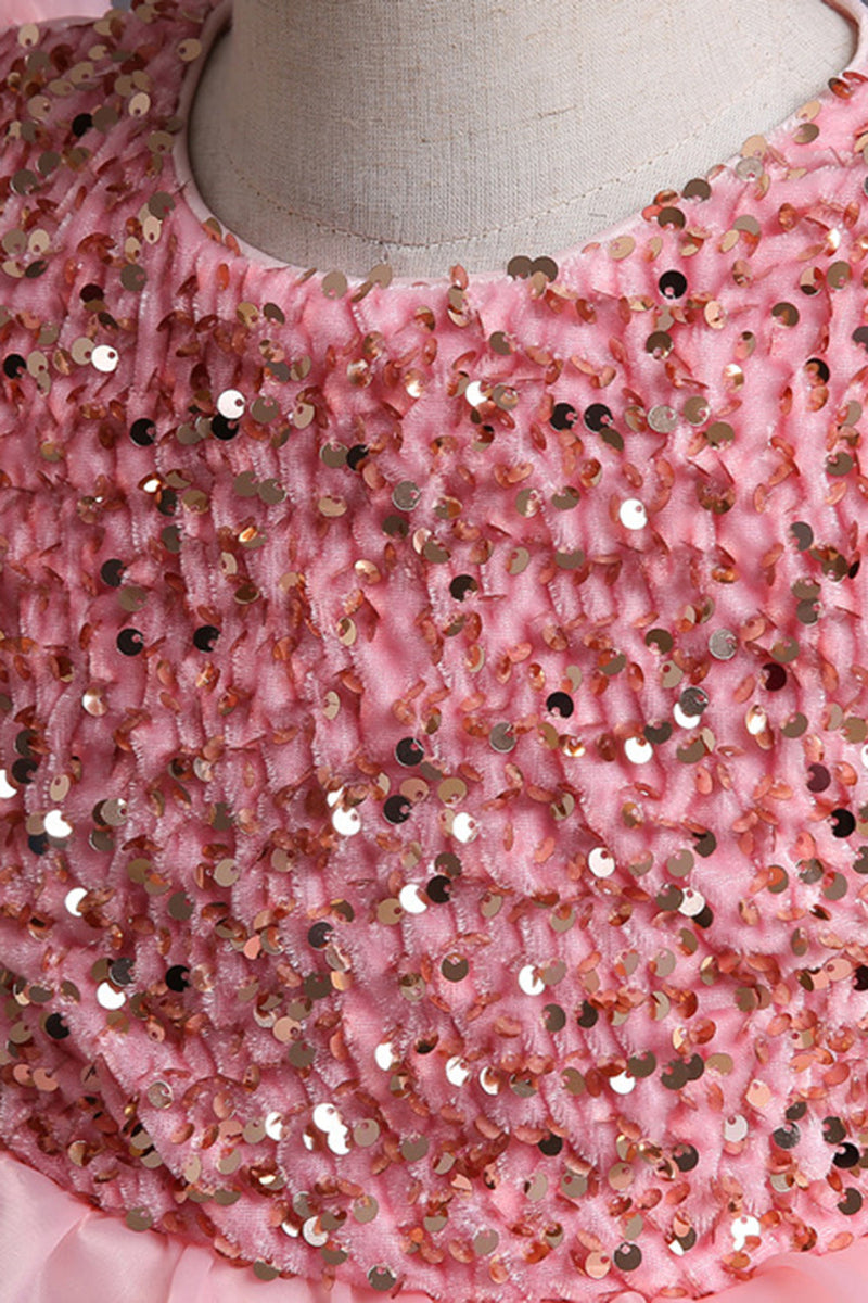 Afbeelding in Gallery-weergave laden, Pofmouwen roze pailletten meisjes jurken met strik