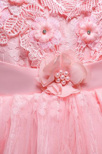 Roze ronde hals meisjes jurken met 3D bloemen