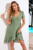 Groene A Line Printed V hals zomerjurk met korte mouwen