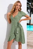 Groene A Line Printed V hals zomerjurk met korte mouwen