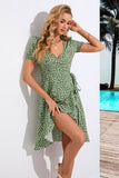 Groene A Line Printed V hals zomerjurk met korte mouwen