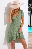 Groene A Line Printed V hals zomerjurk met korte mouwen