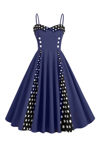 Lichtblauwe stippen spaghettibandjes 1950s jurk