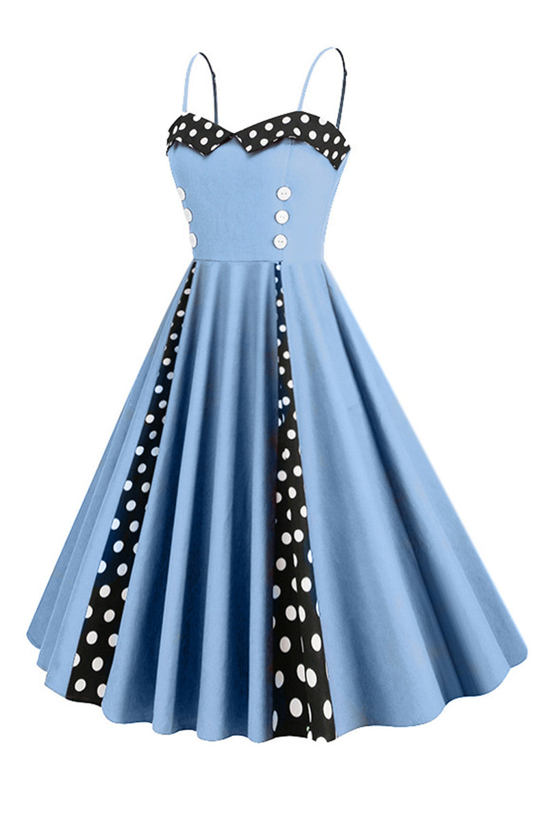 Afbeelding in Gallery-weergave laden, Lichtblauwe stippen spaghettibandjes 1950s jurk